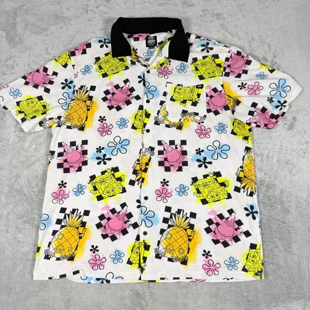 Vans Mens XXL SpongeBob SquarePants Button Up Shirt Checkerboard Print Viscose